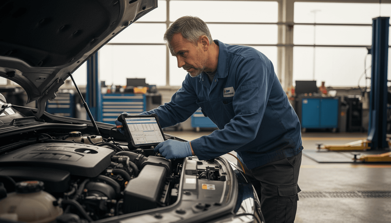Automotive technician performing diagnostic work on a vehicle engine
