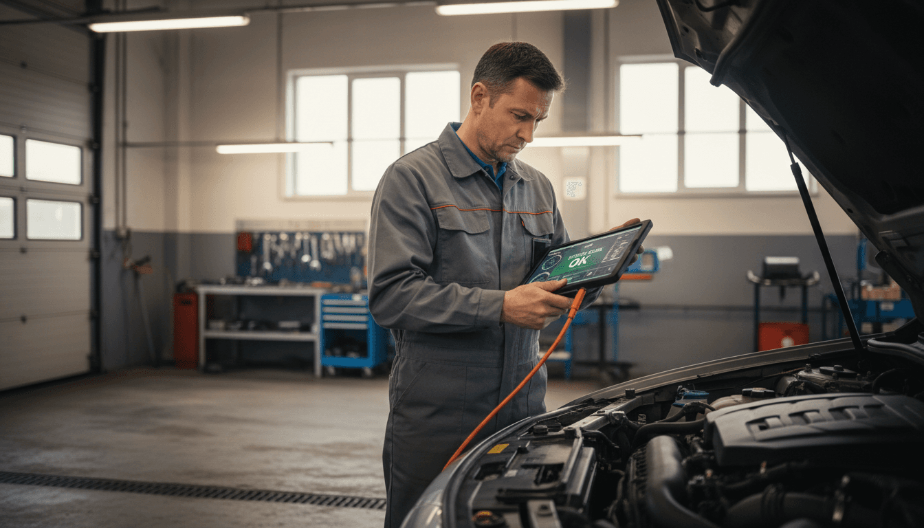 Jason Goble performing vehicle diagnostics with modern equipment in the Gobes Auto service bay