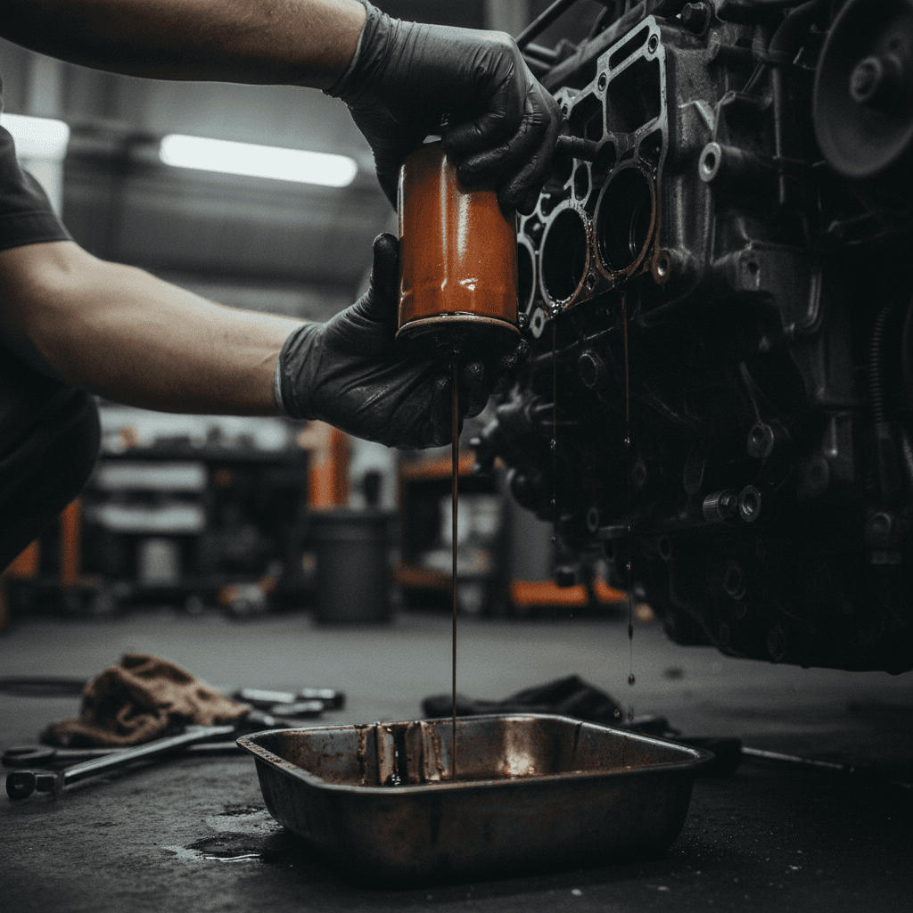 Oil change service being performed on vehicle engine
