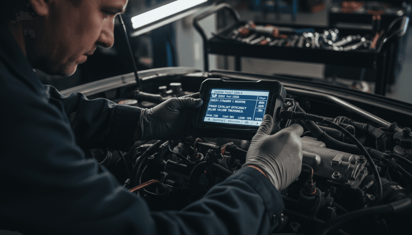 Technician performing vehicle diagnostic scan in Nephi auto shop