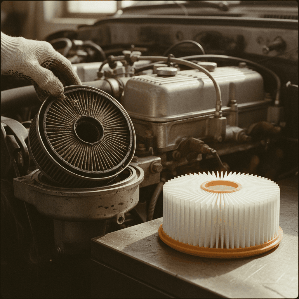 Air filter replacement showing old and new filters