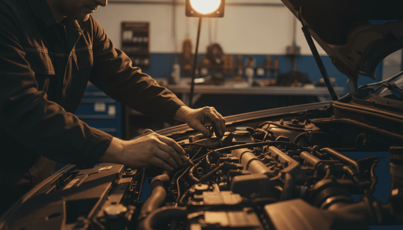 Experienced technician performing engine diagnostics with modern diagnostic equipment